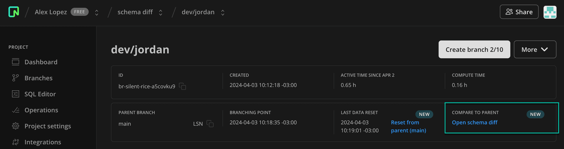 select branches for schema diff