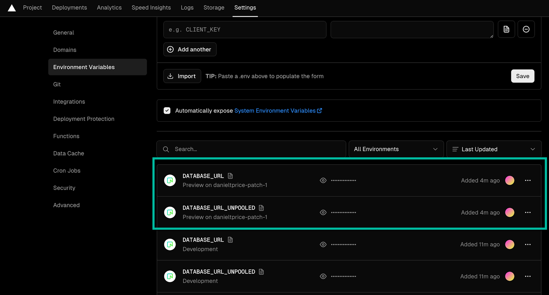 Vercel preview settings