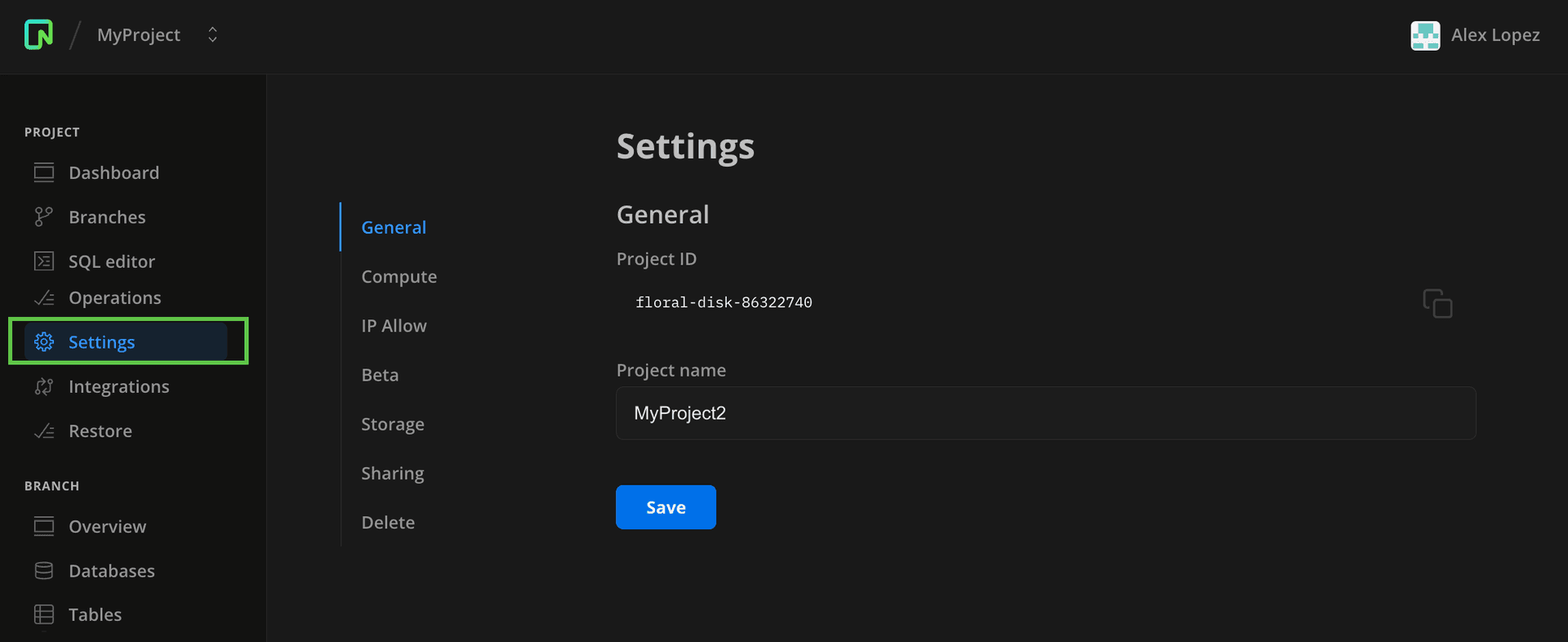 Project Settings page