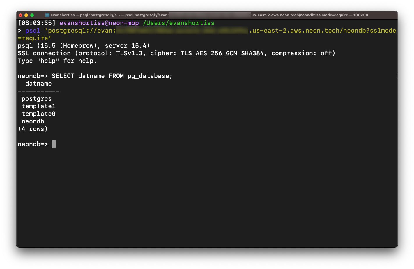 A terminal showing a successful connection to a database using psql.