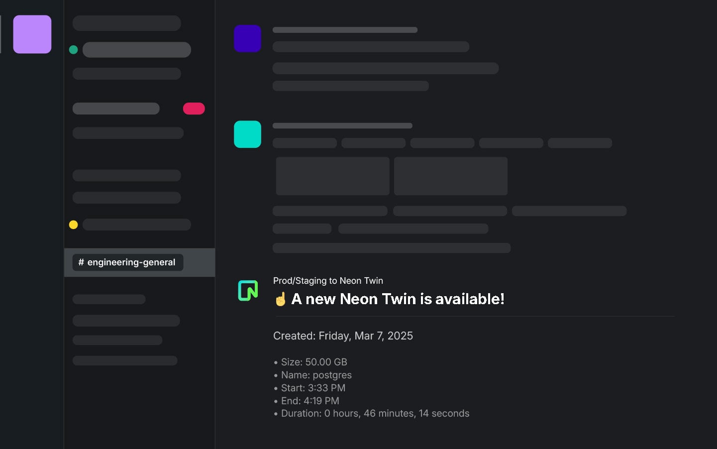 Mockup of Slack interface displyang a message in the engineering-general channel explaining a new Neon Twin is available